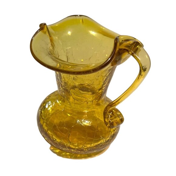 Vtg Kanawha Hand Blown Crackle Glass Amber Mini Pitcher Creamer 3" - Picture 3 of 5
